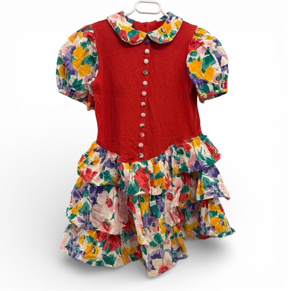 Randi Tara Dress Girls 6 Red Multi‎ Floral Tiered Ruffle Puff Sleeve Vintage USA